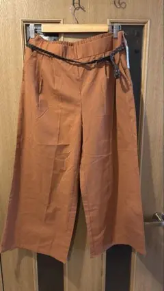 オレンジ ワイドパンツ ゴムウエスト 編み込みベルト　大きいサイズ