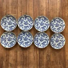 青い花柄のお皿　陶器　8枚セット　食器　三崎窯