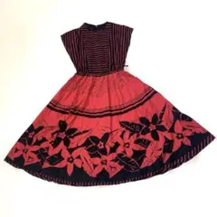 昭和レトロ ヴィンテージワンピース 日本製 総柄 赤 黒 ストライプ Aライン