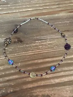 チェコビーズ入り×ブラウン×クリアブルー　ハンドメイドネックレス