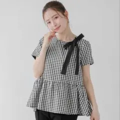 fitmore♡ギンガムチェックリボンフレアトップス
