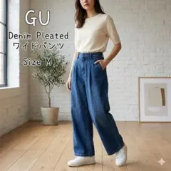 GU ダークブルーデニム ワイドレッグ ウエスト70cm Mサイズ
