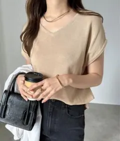 ニット セーター UV抗菌防臭Vネックコットンニット　Mサイズ　ベージュ