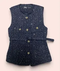ZARA テクスチャーベスト ジレ ツイード ベルト 金ボタン M - メルカリ