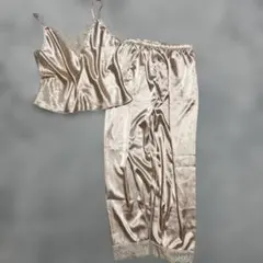 超光沢　サテン パジャマ　ルームウェアセット　シャンパンゴールド　XL