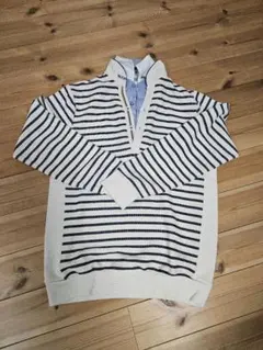 ika ホワイト/ネイビー ストライプ 薄手トレーナー