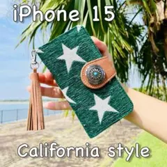 iPhone 15 ケース 西海岸スタイル 星柄 コンチョ付き 手帳型 フリンジ