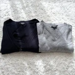 【定番】UNIQLOグレーネイビーメリノウール　セーター カーディガン2点セット