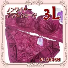 3L♡総レース♡ノンワイヤー ブラ＆ショーツセット＜エンジ＞♡№.3603