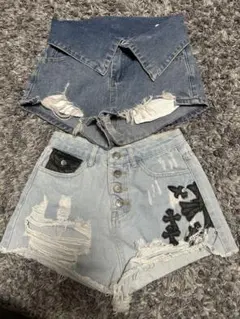 ダメージ加工デニムショートパンツ2点セット