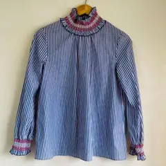 極美品 ミラショーン ハイネックブラウス スモック刺繍 ストライプ Lサイズ