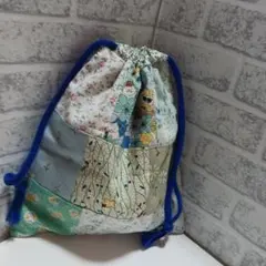 小花柄　猫柄　パッチワーク　巾着袋　ブルー