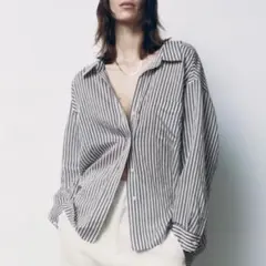 ストライプ 長袖シャツ グレーとホワイト
