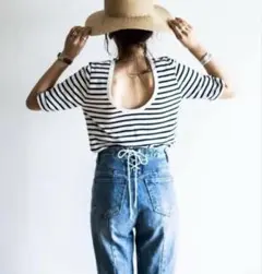 mite ストライプ バックオープン 半袖Tシャツ