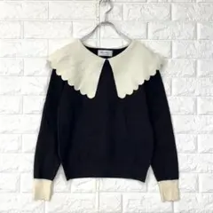 ✨ルレーヴヴァニレ【F】黒×白 長袖ニット ビックカラー スカラップ