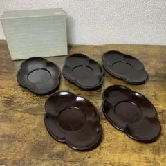 E-1 【美品】木製 茶托 5客セット 梅型 くりぬき 漆塗り 茶道具 おもてな