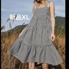 ギンガムチェック　ブラック×ホワイト　キャミワンピ　XL 薄手　韓国風　Aライン