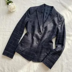 TRUSSARDI 麻混 テーラードジャケット 濃紺 チェック サイズ40 Mのサムネイル