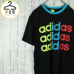 【インパクト大】adidas リンガーネック 半袖Tシャツ カラフルデカロゴ L
