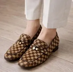 ルイヴィトン　ダミエソバージュ LVキューブ　ハラコ ローファー　37.5