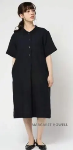 美品*MARGARET HOWELL*定番バックボタン リネン フレアワンピース