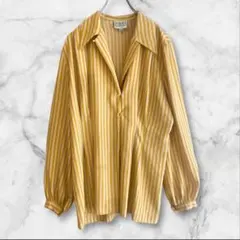 ストライプ柄シャツブラウスオープンカラー開襟イエロー黄色総柄長袖ヴィンテージ古着