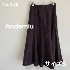 Andemiu　茶系チェック柄フレアロングスカート　サイズS　No.Ⅹ39
