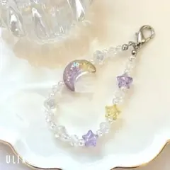 【No.135】月と星のビーズチャーム/ビーズキーホルダー／スマホチャーム