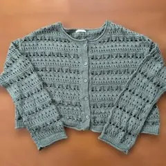 オリーブグリーンレース編み クロップドカーディガンボレロ