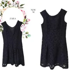 【ザラZARA】新品未使用花柄総柄刺繍レースノースリーブワンピース【М】上品濃紺