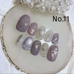 ネイルチップ　No.11 パープル　ぷっくりフラワー　マグネット　ニュアンス