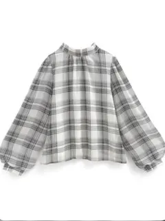 チェック柄バックリボンシフォンブラウス　tg792 GRL