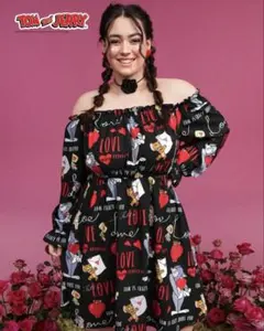 トムとジェリー 総柄 オフショルダー ワンピース