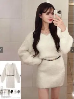 ホワイト ニットワンピース Vネック 長袖 ベルト付き