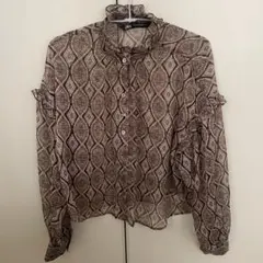 ZARA 柄 フリル付き 長袖ブラウス XS