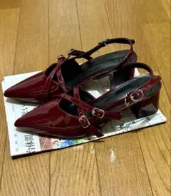 美品SHEIN ワインレッド ストラップ厚底ヒール パンプス23.5〜24.0