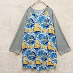 ルラロー 総柄カットソー チュニック ロンT 丸首 七分袖 3XL ゆったりのサムネイル
