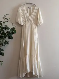 Heather アイボリー バルーンスリーブ ロングワンピース バックシャン