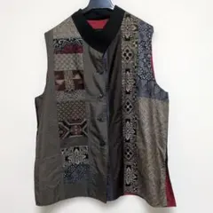 新品・未使用品　古布【黒羽織・大島紬使用】リメイクパッチワークデザイン ベスト