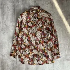 総柄 花柄シャツ レトロ ブラウン系 オーバーサイズ 古着