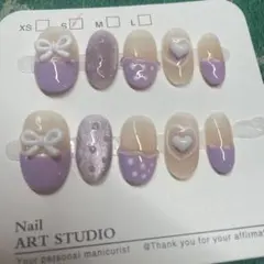 リボンとハートデザインパープル ネイルチップ　サイズS
