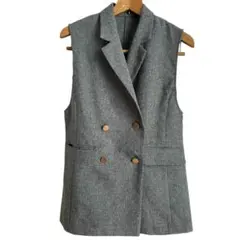 テーラードジレ ダブルボタン ツイード調 グレー ゴールドボタン