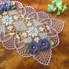 No.652 ハンドメイドレース編み　お花のドイリー　長方形