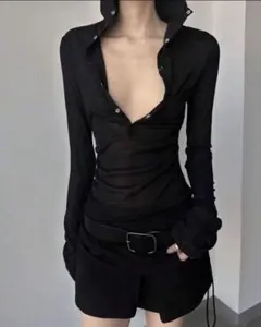 長袖 フーディー Tシャツ ブラック SHEIN