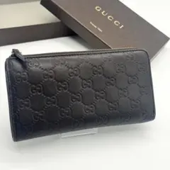 極美✨グッチ 長財布 L字ファスナー GG シマ 型押し レザー ブラウン