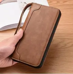 【新品 未使用品】メンズクラッチバッグ長財布 ストラップ付 ライトブラウン