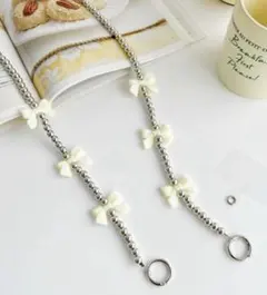 【ハート＆リボン】モチーフスマホストラップチェーン