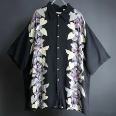 CAMPIA レーヨン アロハシャツ 花柄 ハイビスカス ブラック 黒　古着XLのサムネイル