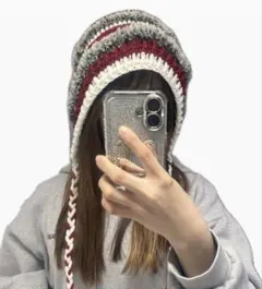 ハンドメイド もこもこフード帽子 バラクラバ レッド×ホワイト