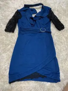 は*中様 ダークブルー ラップスタイルドレス レース袖